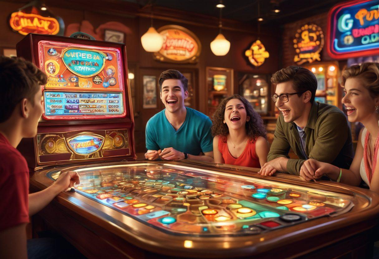 A dynamic scene showcasing a group of diverse friends gathered around a colorful penny arcade, with laughter and excitement in the air. Brightly lit retro machines, vibrant tokens scattered around, and a scoreboard displaying high scores in the background. Emphasize joy and competition, capturing the essence of penny gaming strategies with visual elements like strategy notes and power-ups scattered on the table. hyper-realistic. vibrant colors. upbeat atmosphere.
