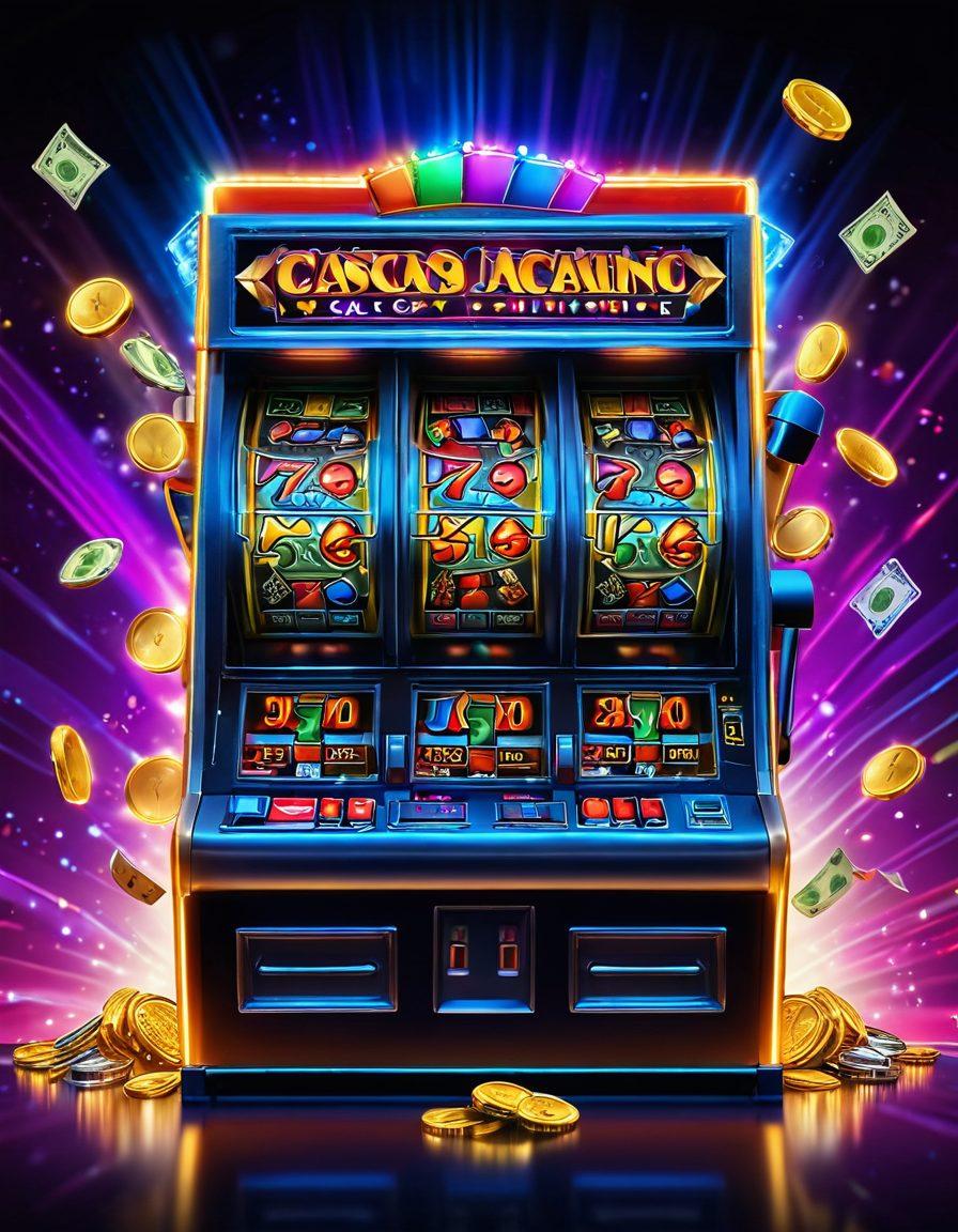A lively and colorful casino scene showcasing a vibrant slot machine with an overflowing jackpot, surrounded by excited players celebrating their wins. The backdrop features twinkling lights and dynamic patterns that convey the thrill of gambling. Include elements like coins falling and dollar bills fluttering in the air, symbolizing transformation from fun to fortune. ultra-realistic. vibrant colors. festive atmosphere.