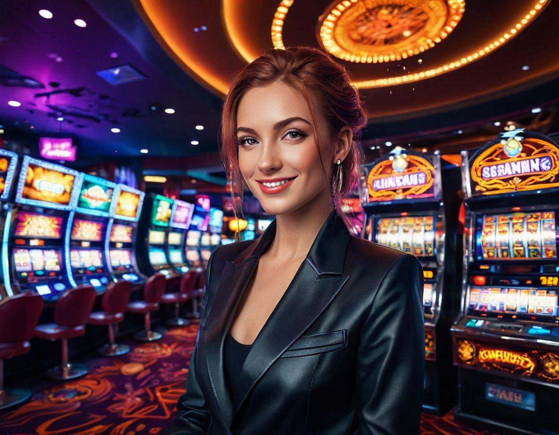A vibrant scene inside a colorful casino with dazzling penny slot machines gleaming under bright lights. Depict an enthusiastic player celebrating a big win with coins flying around, surrounded by other players enjoying the gaming adventures. Include a backdrop of lush decorations and dynamic gaming atmosphere to enhance excitement. super-realistic. vibrant colors. cyberpunk.